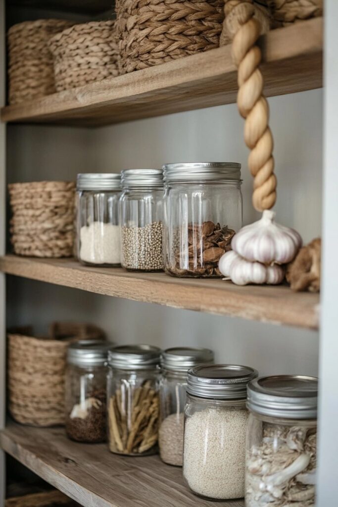Natural Pantry Shelves with Earthy Texture and Glass Storage
