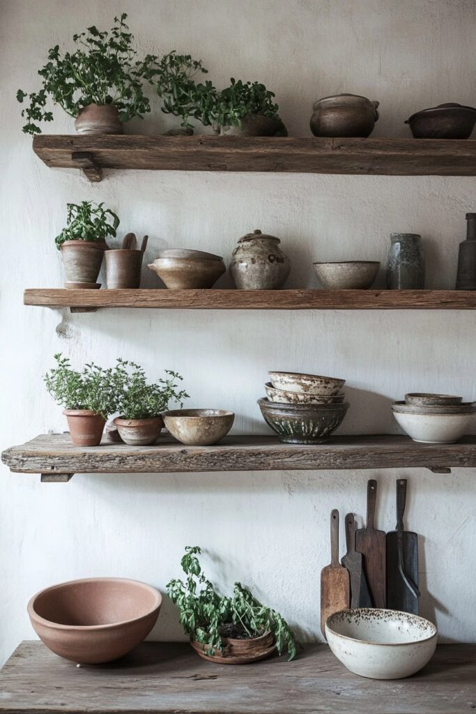 Rustic Open Shelves with Earthy Ceramics and Fresh Herbs