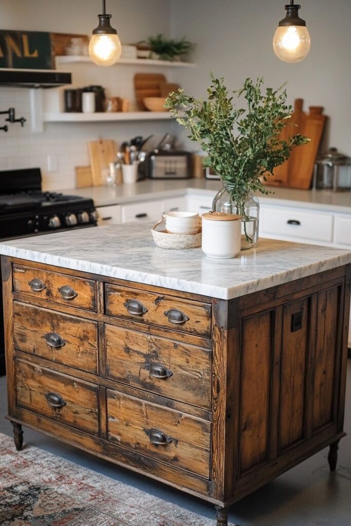 Vintage Wood Island with Marble Top and Industrial Charm