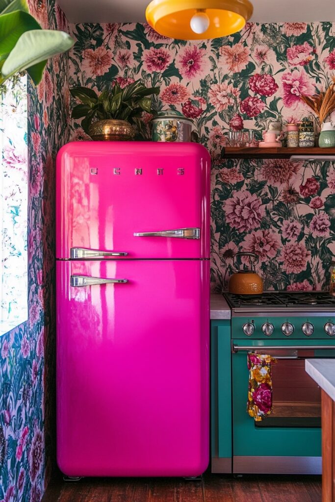 Bold Retro Fridge with Floral Maximalist Flair