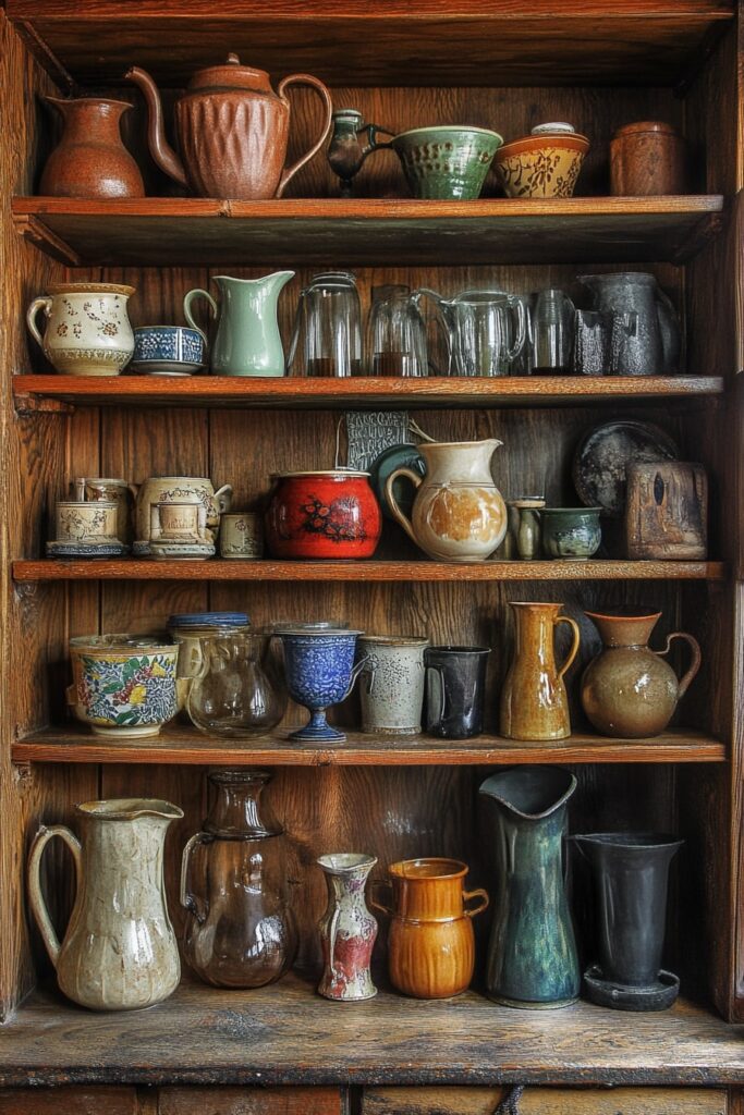Vintage Pitcher Collection on Rustic Wooden Shelves