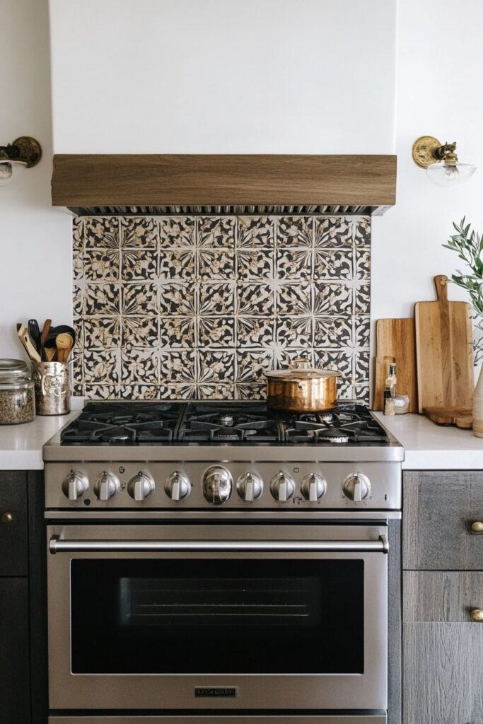 Patterned Tile Backsplash with Vintage Brass Accents