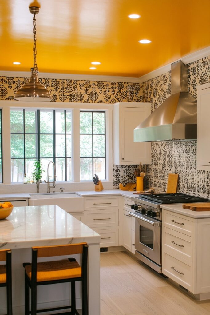 Bold Yellow Ceiling with Patterned Wall Accents