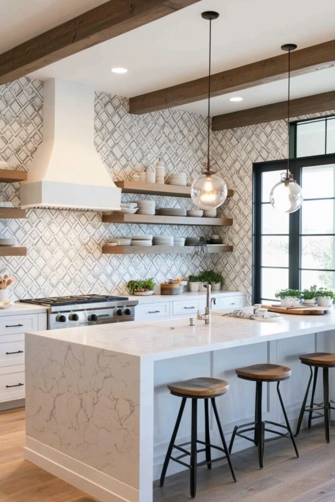 Minimalist Texture with Floating Shelves and Patterned Walls