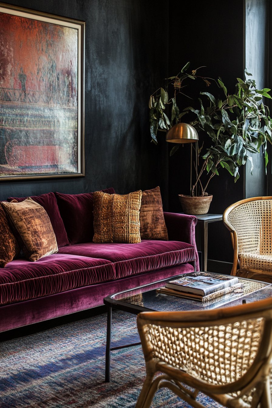 Velvet Sofa and Rattan Accents