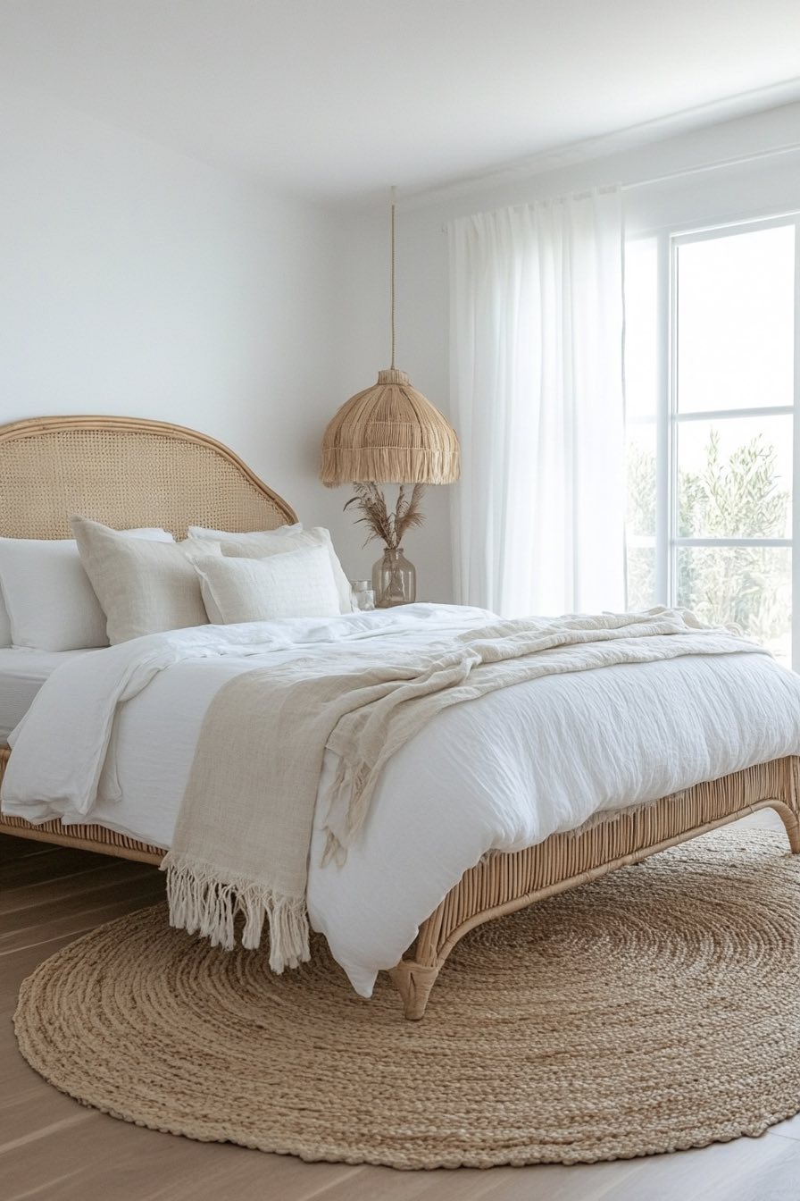 Rattan Bed Frame and White Linen