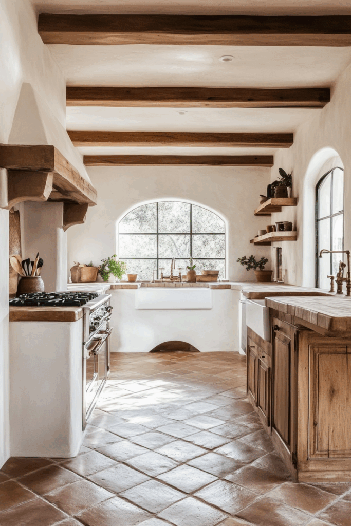 Terracotta Tile Flooring and White Stucco Walls
