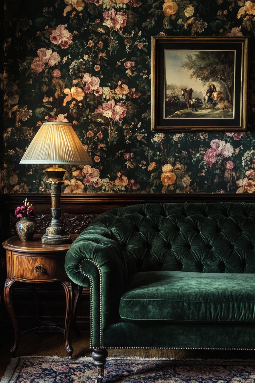 Velvet Tufted Sofa and Floral Wallpaper