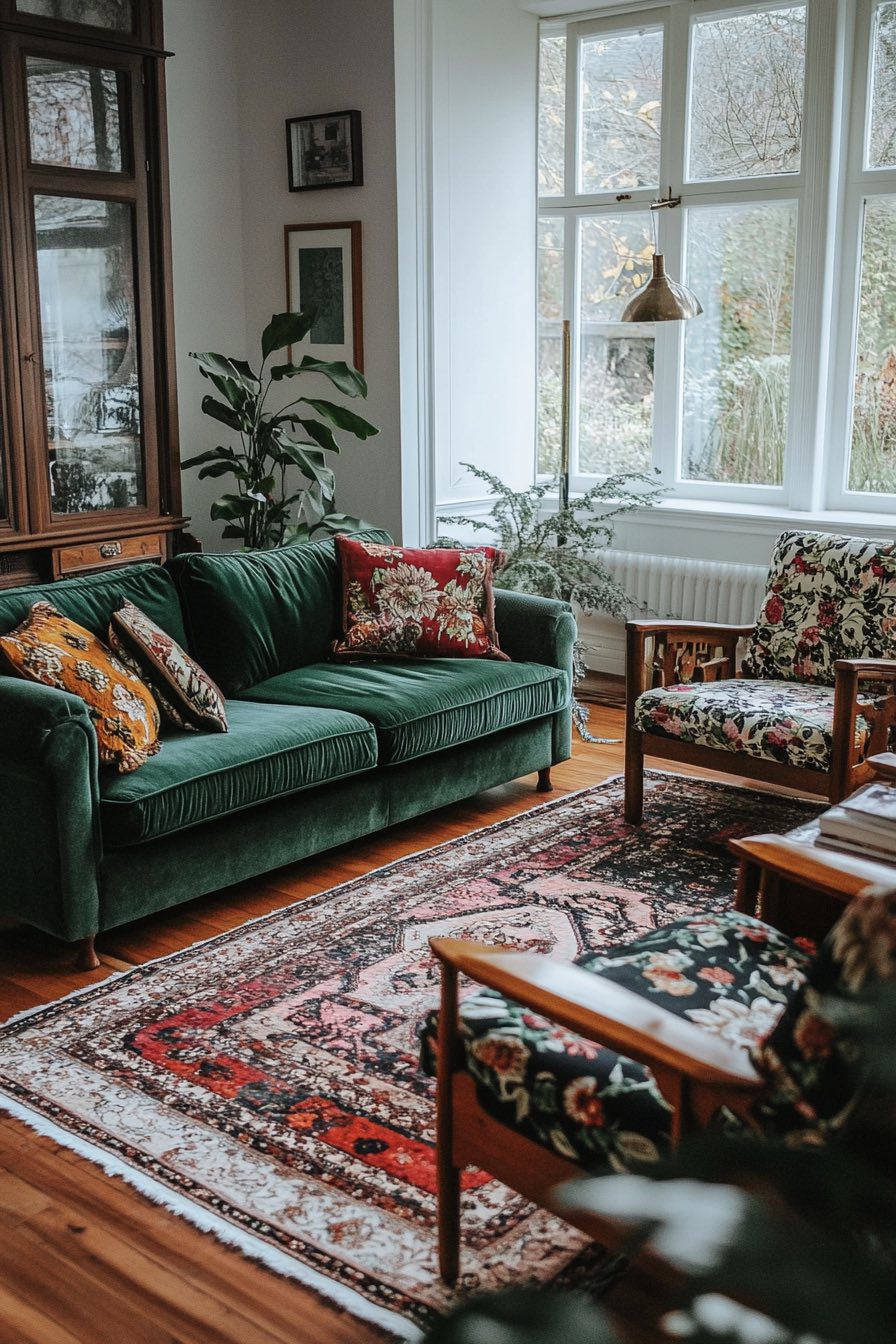 Velvet sofa and mismatched armchairs