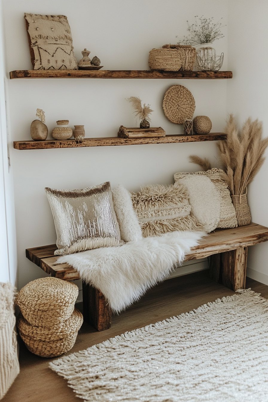 Sequin Pillows and Natural Wood Shelving