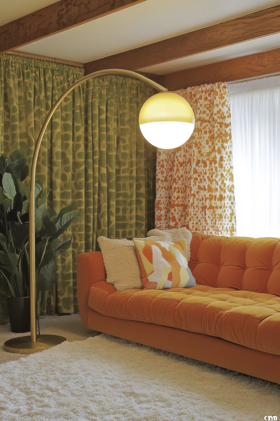 Brass floor lamp and 70s patterned curtains