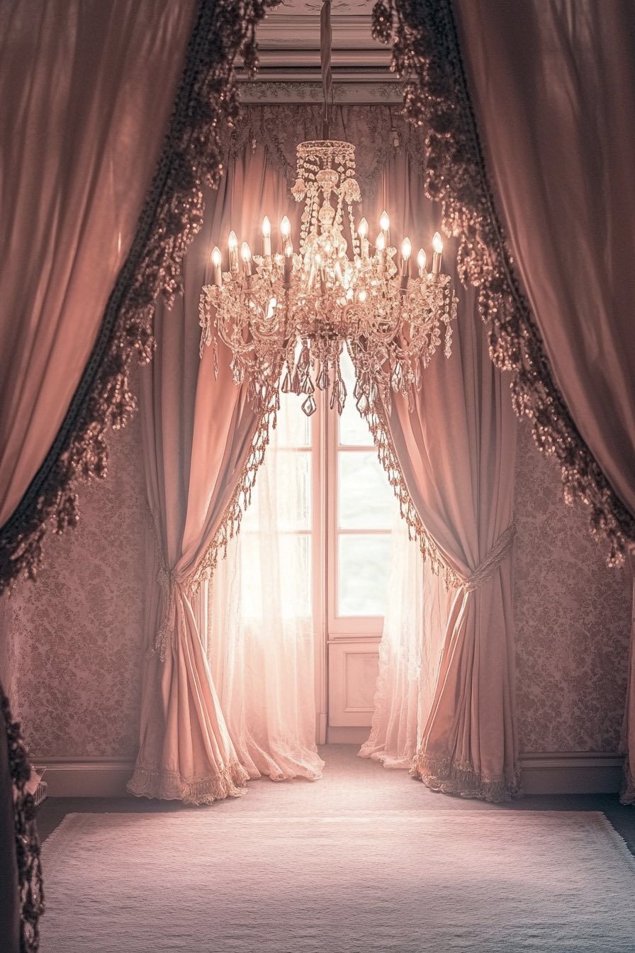 Crystal Chandelier with Rose-Colored Drapes