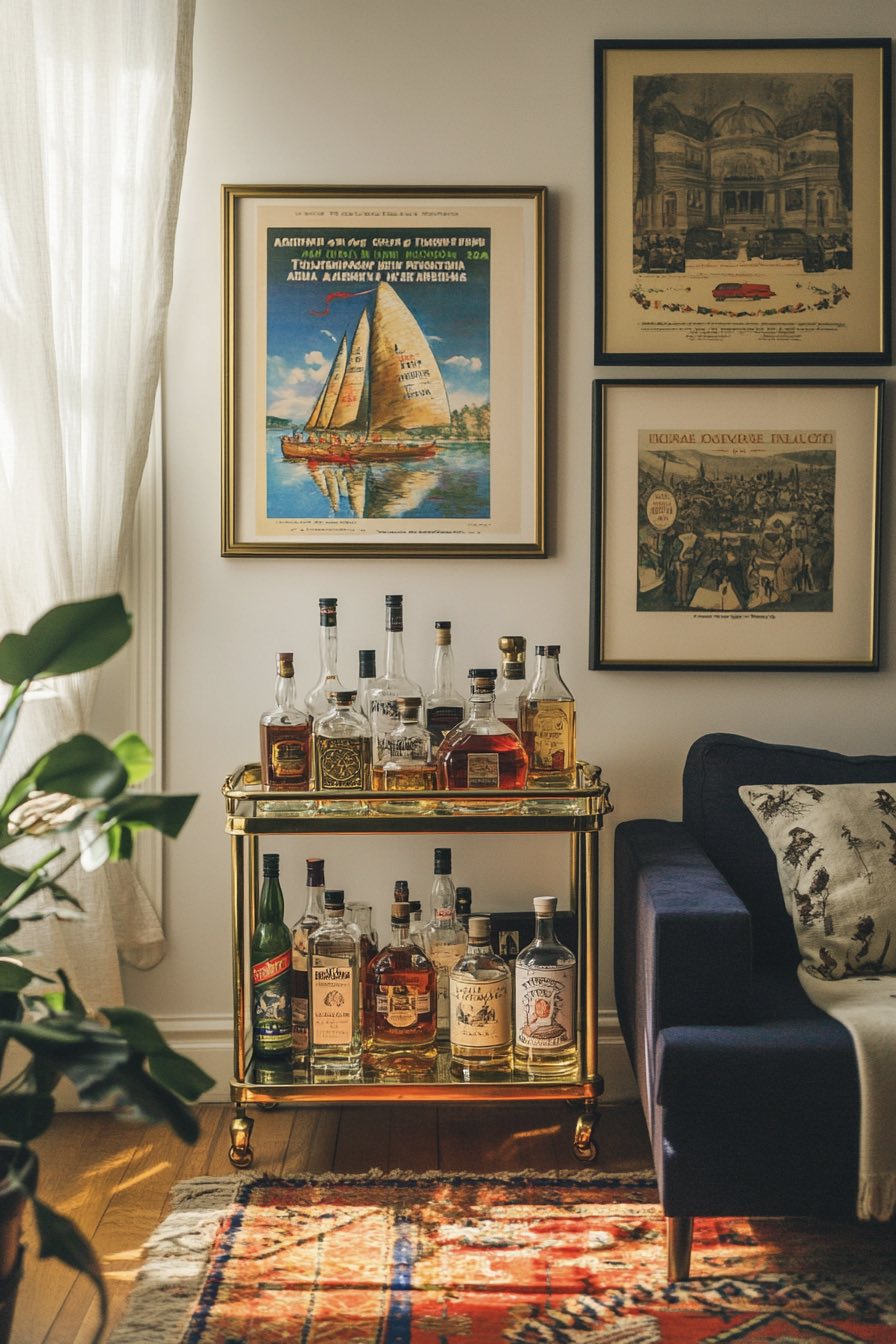 Vintage bar cart and framed travel posters