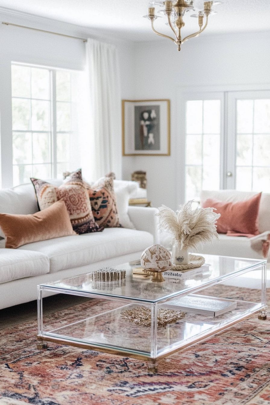 Layered Moroccan Rugs and Lucite Furniture