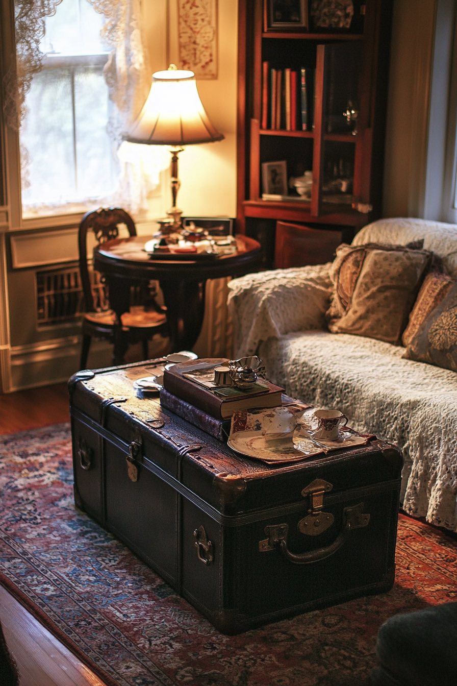 Antique Trunk Coffee Table and Layered Rugs