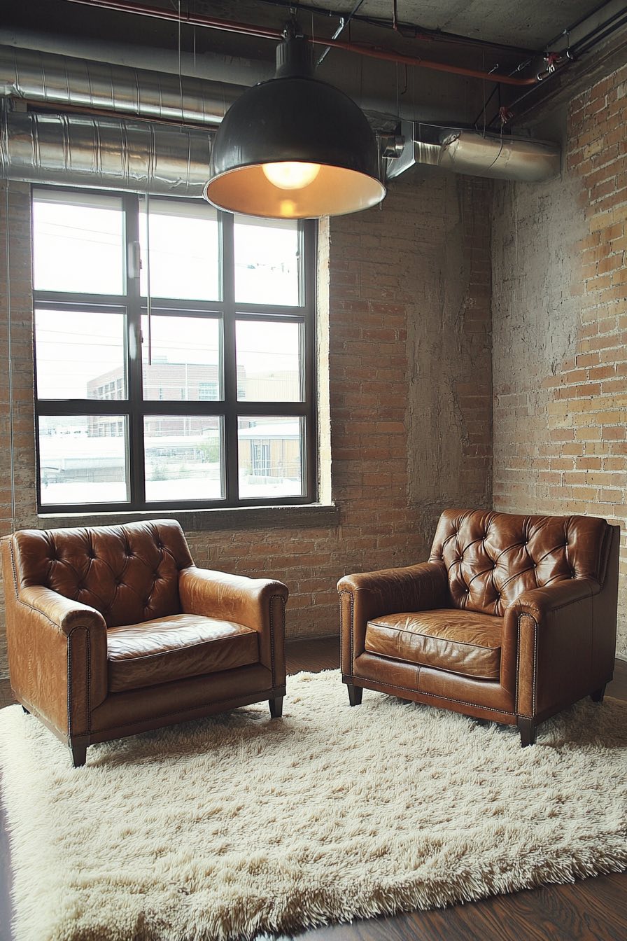 Leather club chairs and shaggy rugs