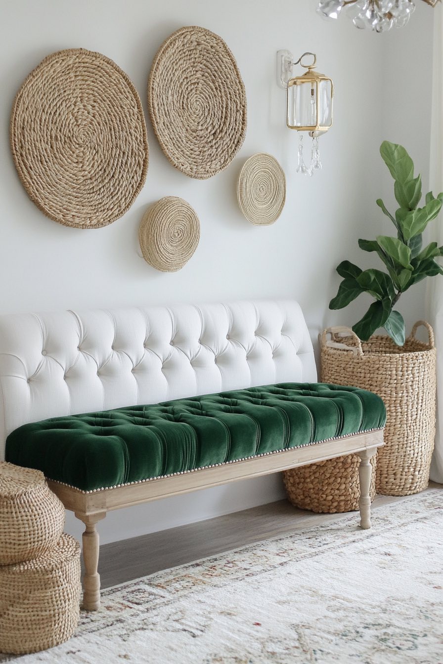 Tufted Velvet Bench and Boho Baskets