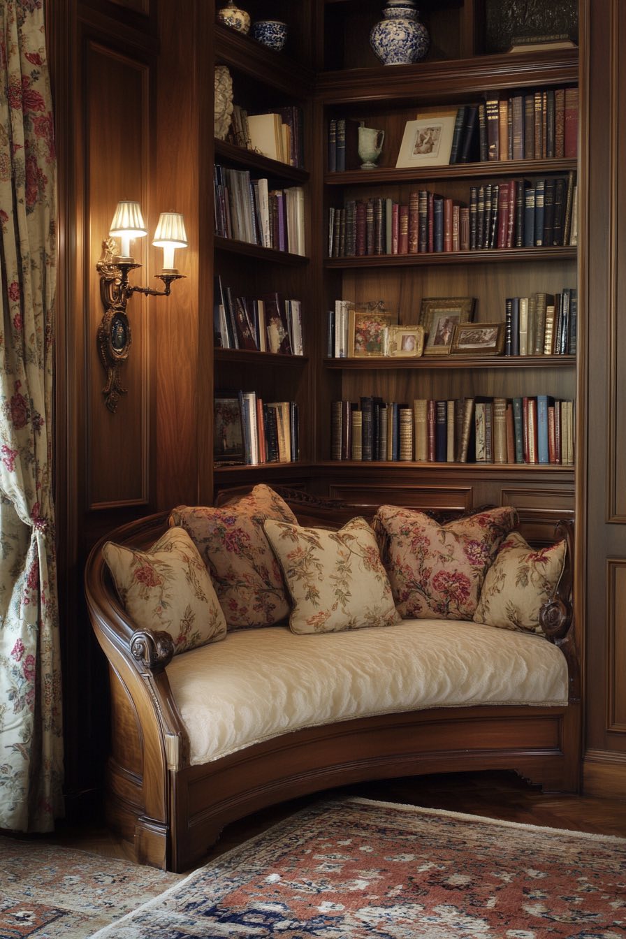 Curved Settee in a Corner Reading Nook