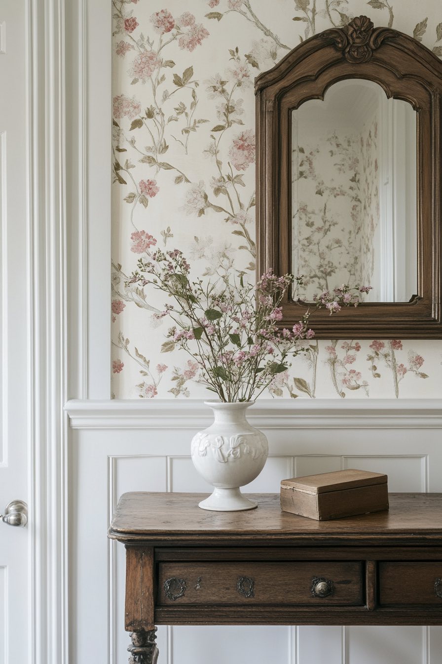 Victorian Wallpaper Paired with White Wainscoting