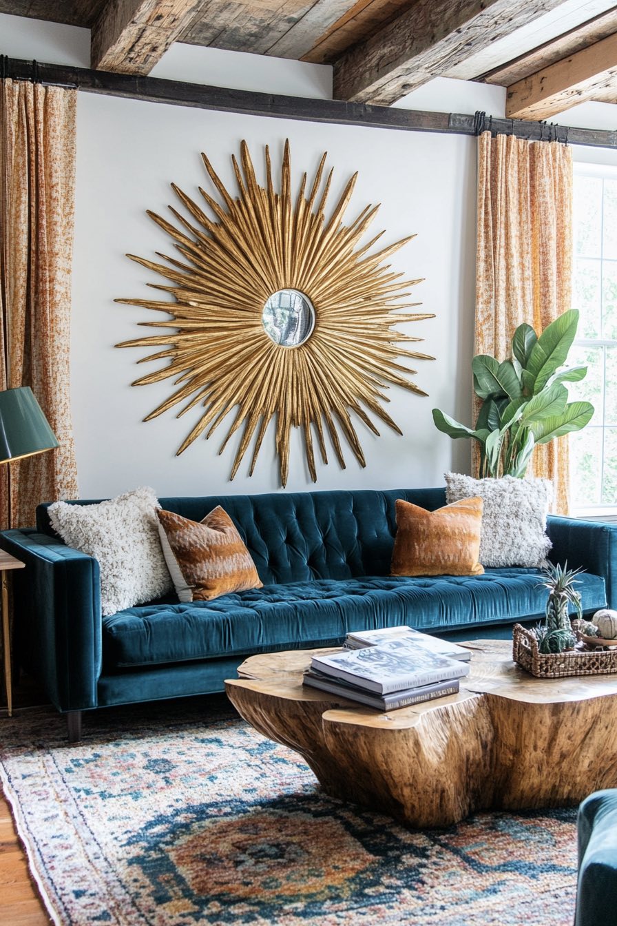 Teal Velvet Sofa and Sunburst Wall Art