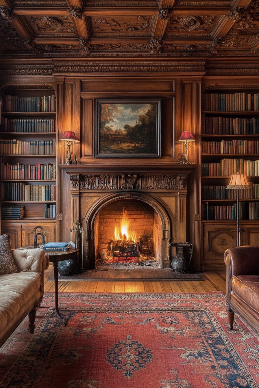 Built-in Bookshelves Framing the Fireplace