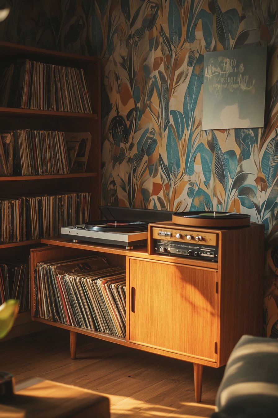Old record player corner and funky wallpaper