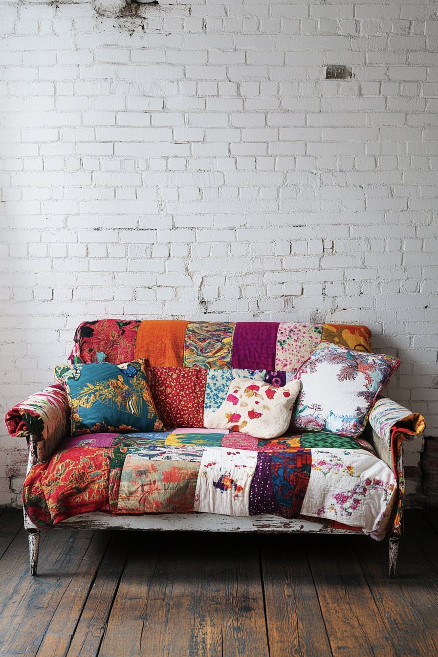 Patchwork quilt couch and painted brick wall