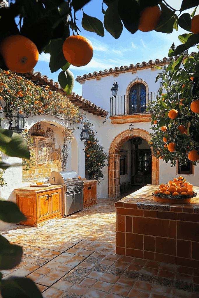 Sunlight-Flooded Courtyard Kitchen with Orange Trees