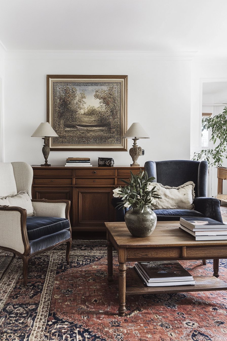 Persian rug and reupholstered furniture