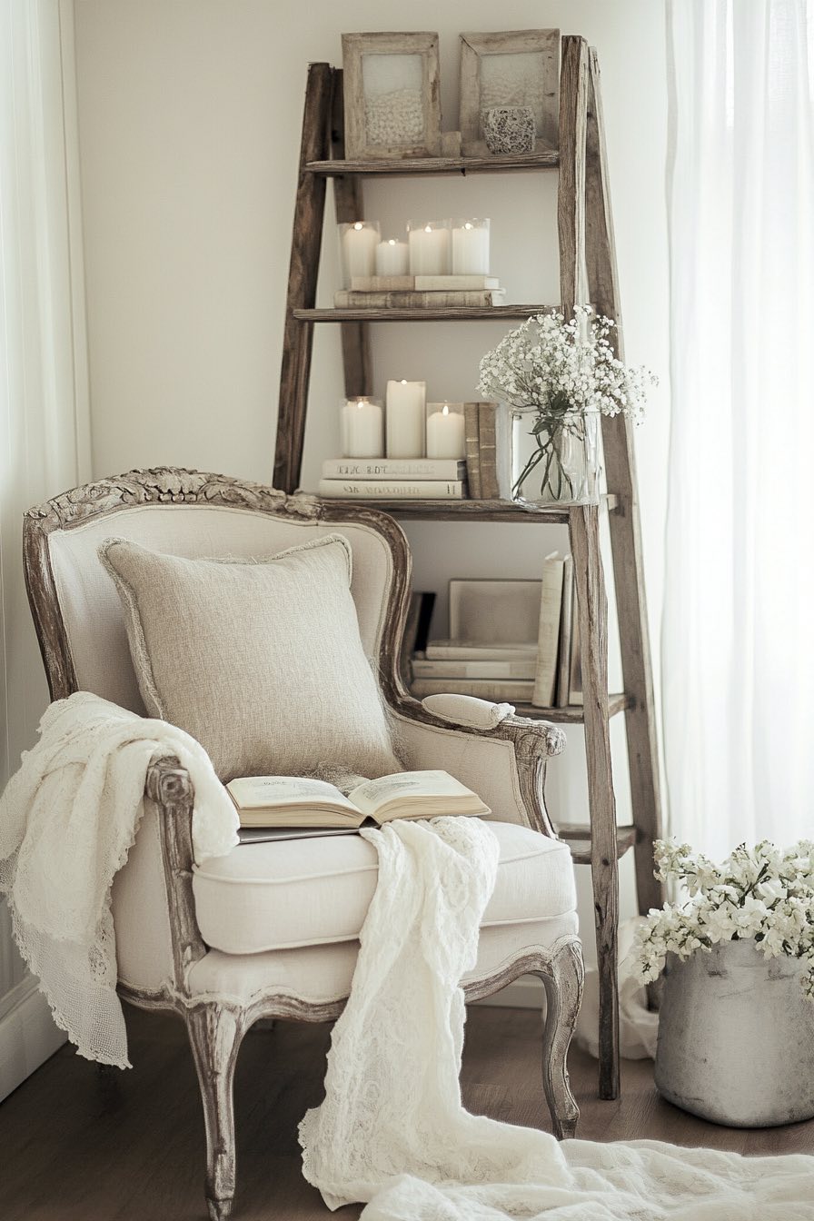 French provincial chair and rustic ladder shelf