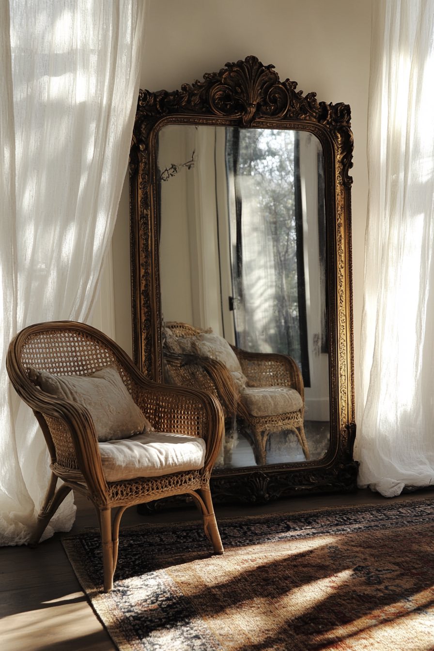 Vintage Glam Mirror and Cane Furniture