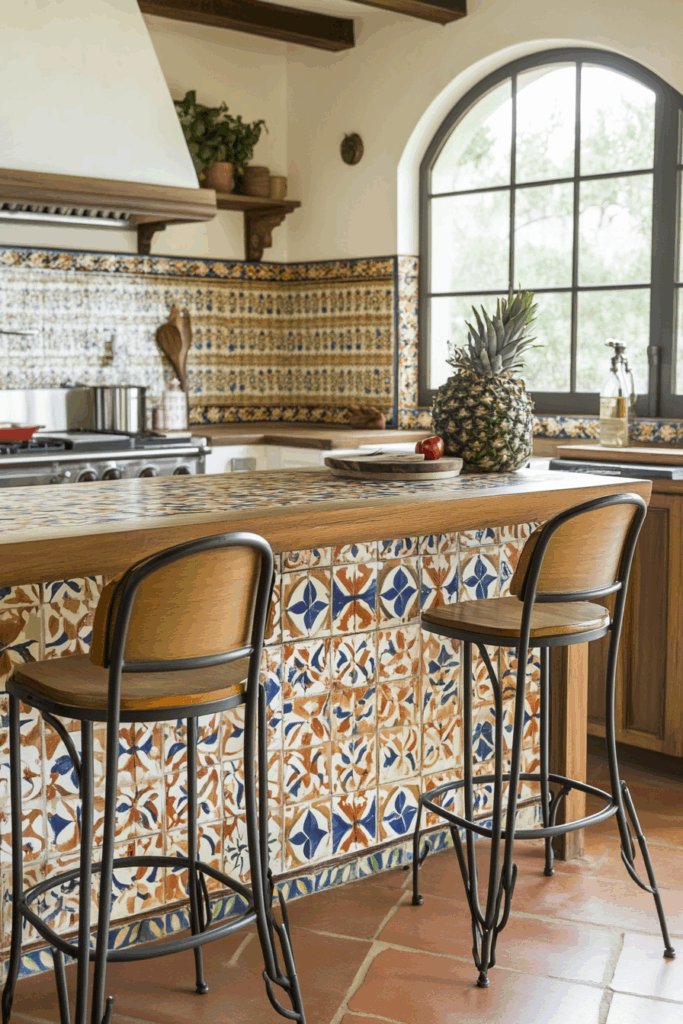 Bistro-Style Bar Stools with Decorative Tile Base