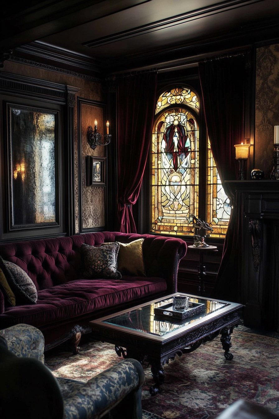 Velvet drapes and stained glass window decor
