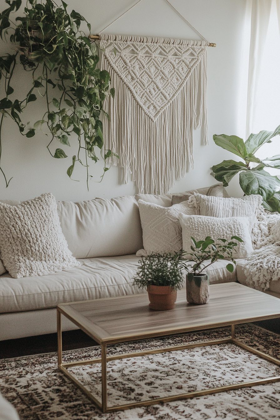Brass Coffee Table and Macramé Wall Hanging