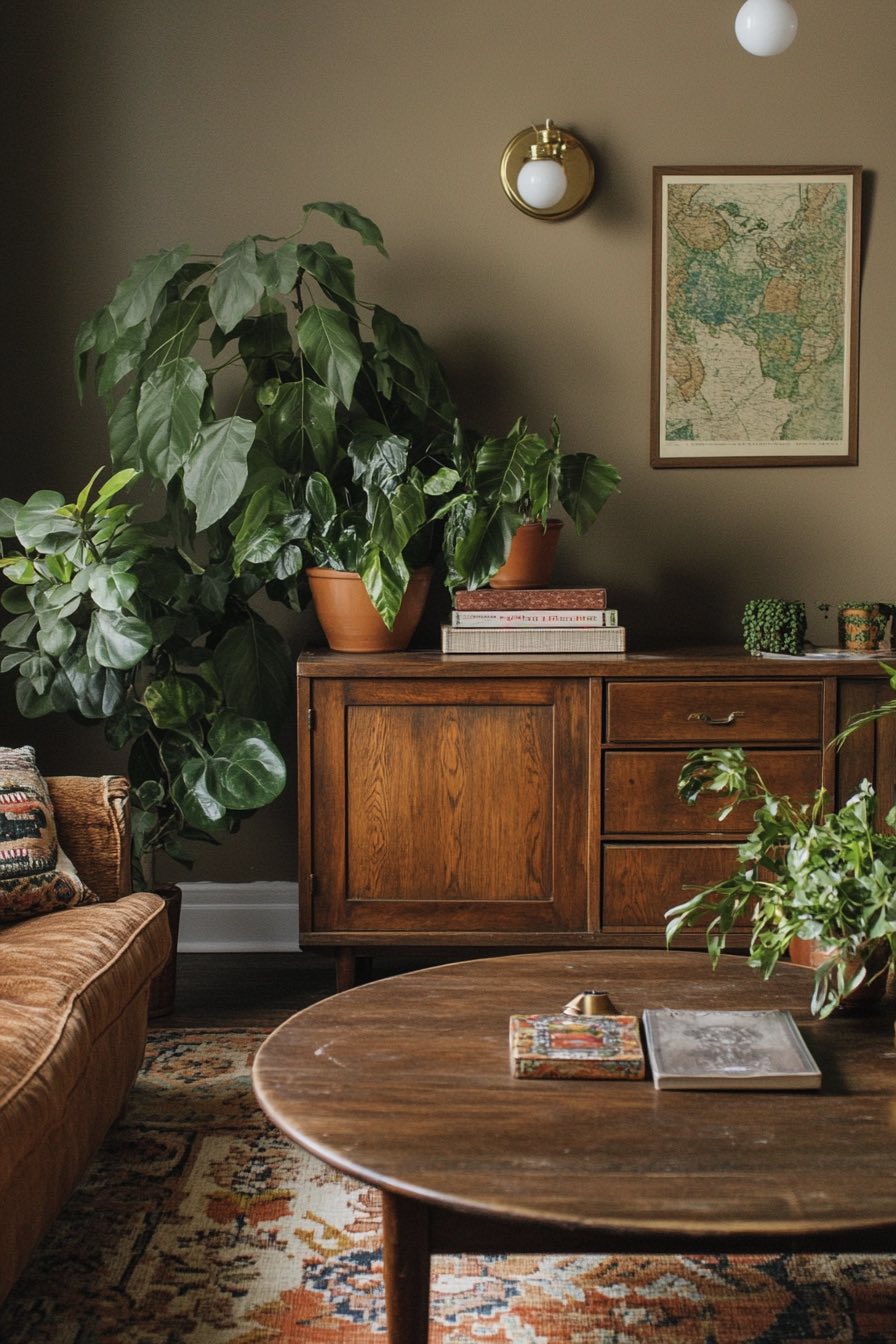 Mid-century coffee table and antique sideboard