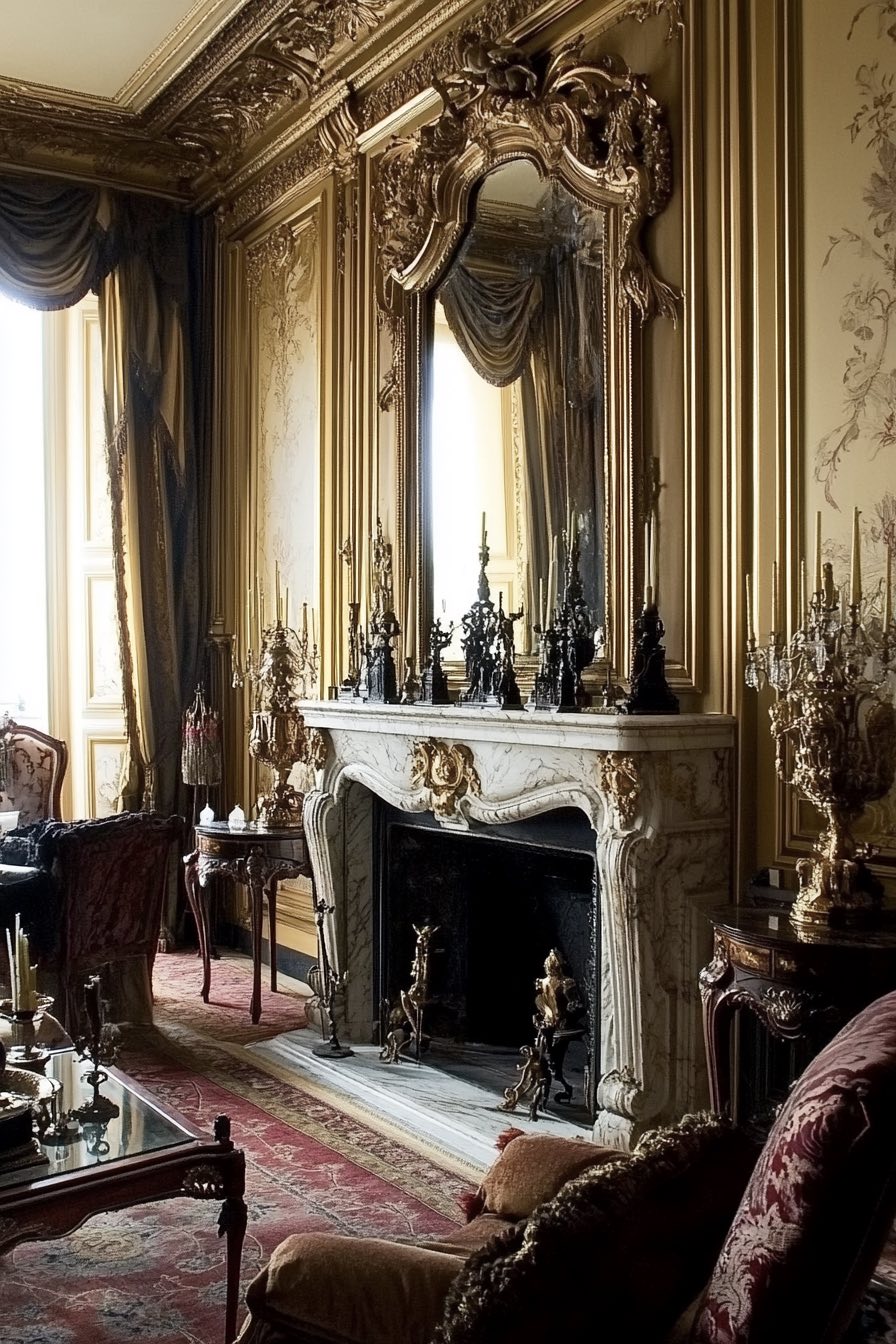 Ornate Gold Mirror Above Fireplace Mantel