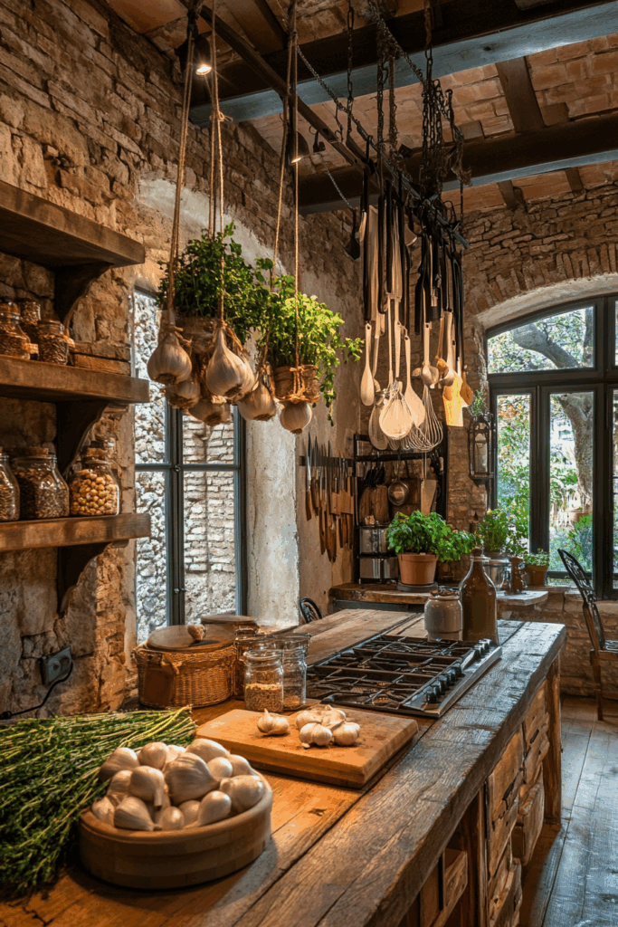 Exposed Brick Walls with Hanging Garlic and Herbs