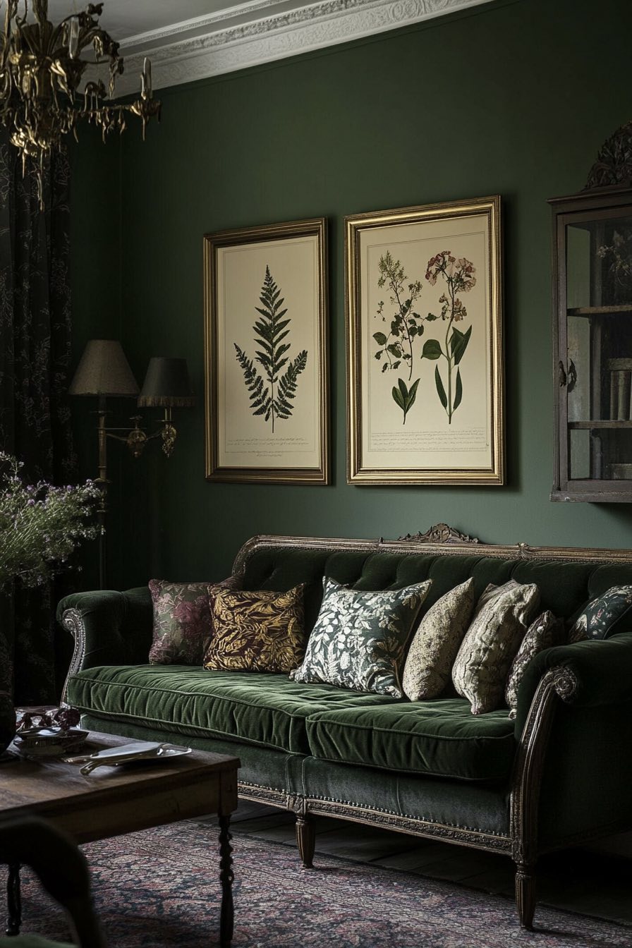 Moody walls and gold framed botanical prints