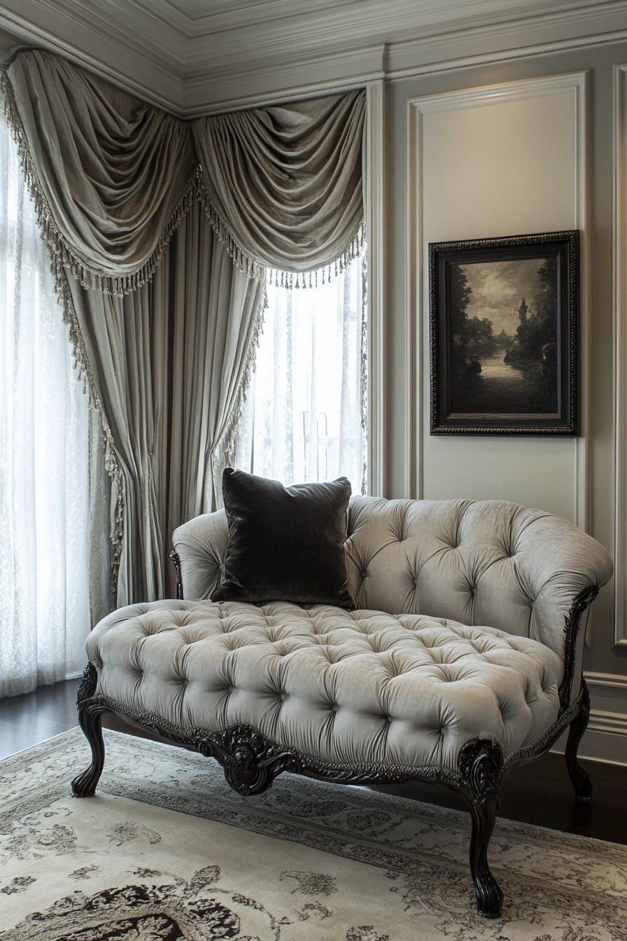 Damask Fabrics and Button-Tufted Ottomans