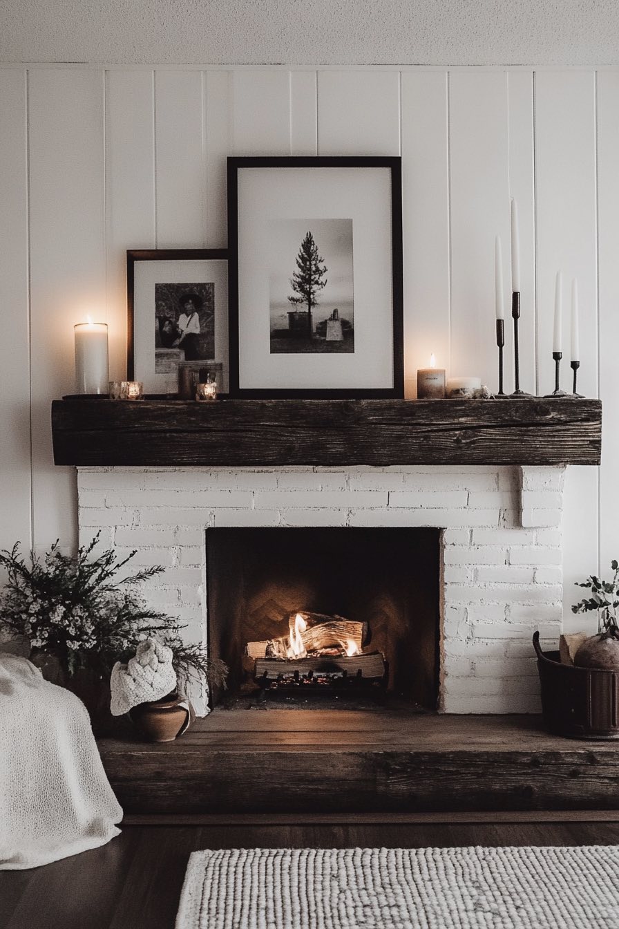 Reclaimed wood mantel and found objects