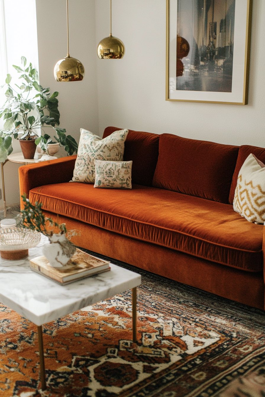 Burnt Orange Sofa and Marble Details