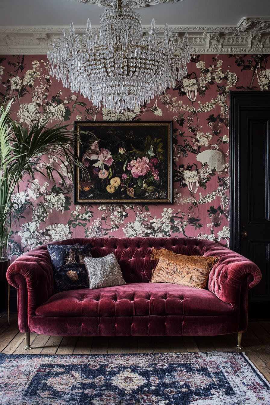 Beaded chandelier and retro sofa