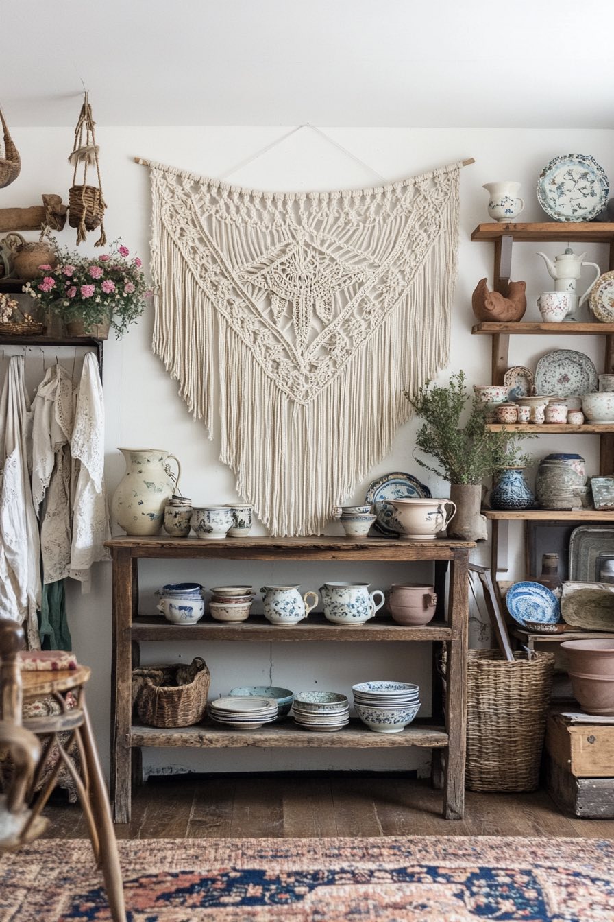 Macrame wall hanging and vintage china display