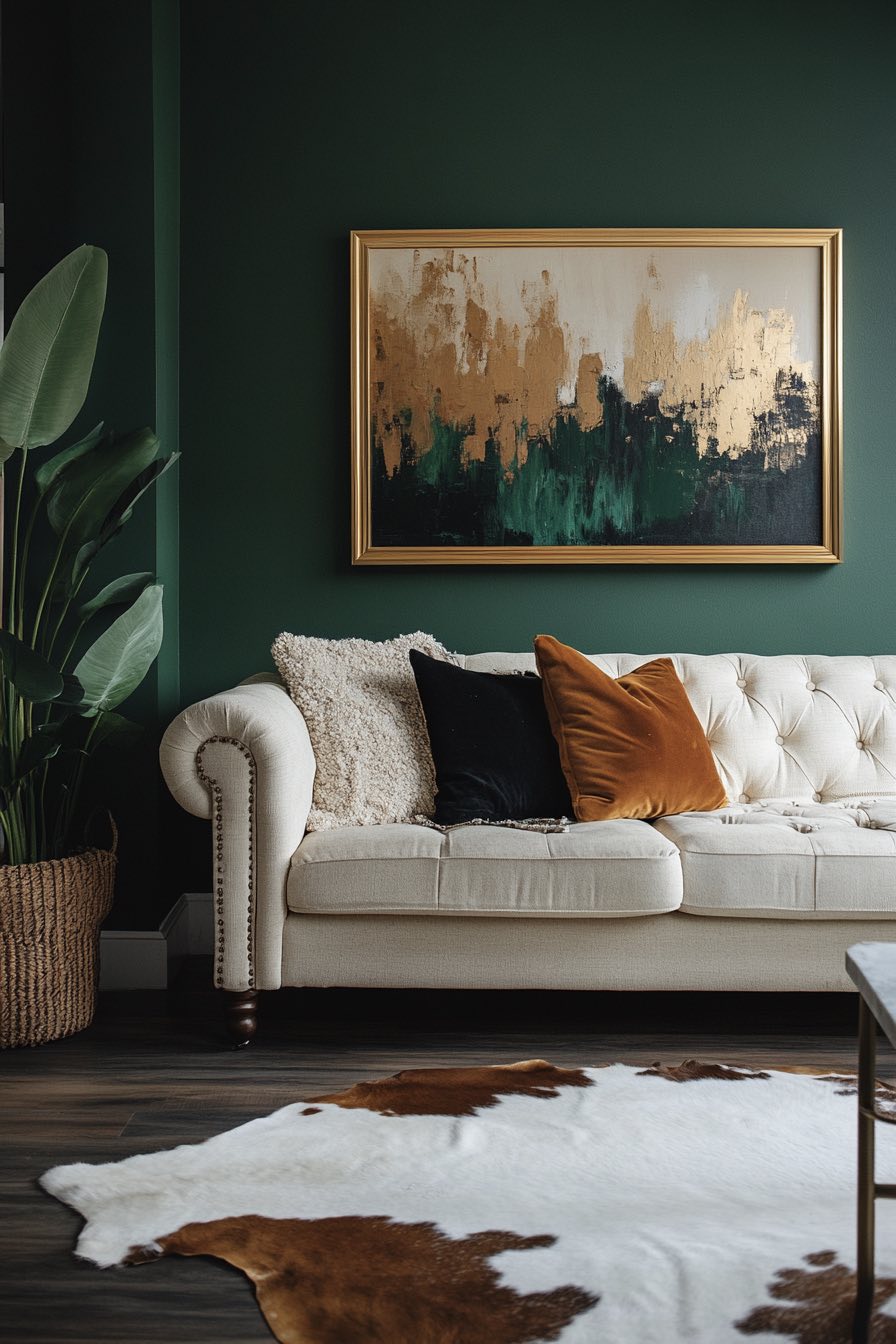 Cowhide Rug and Gold-Framed Art