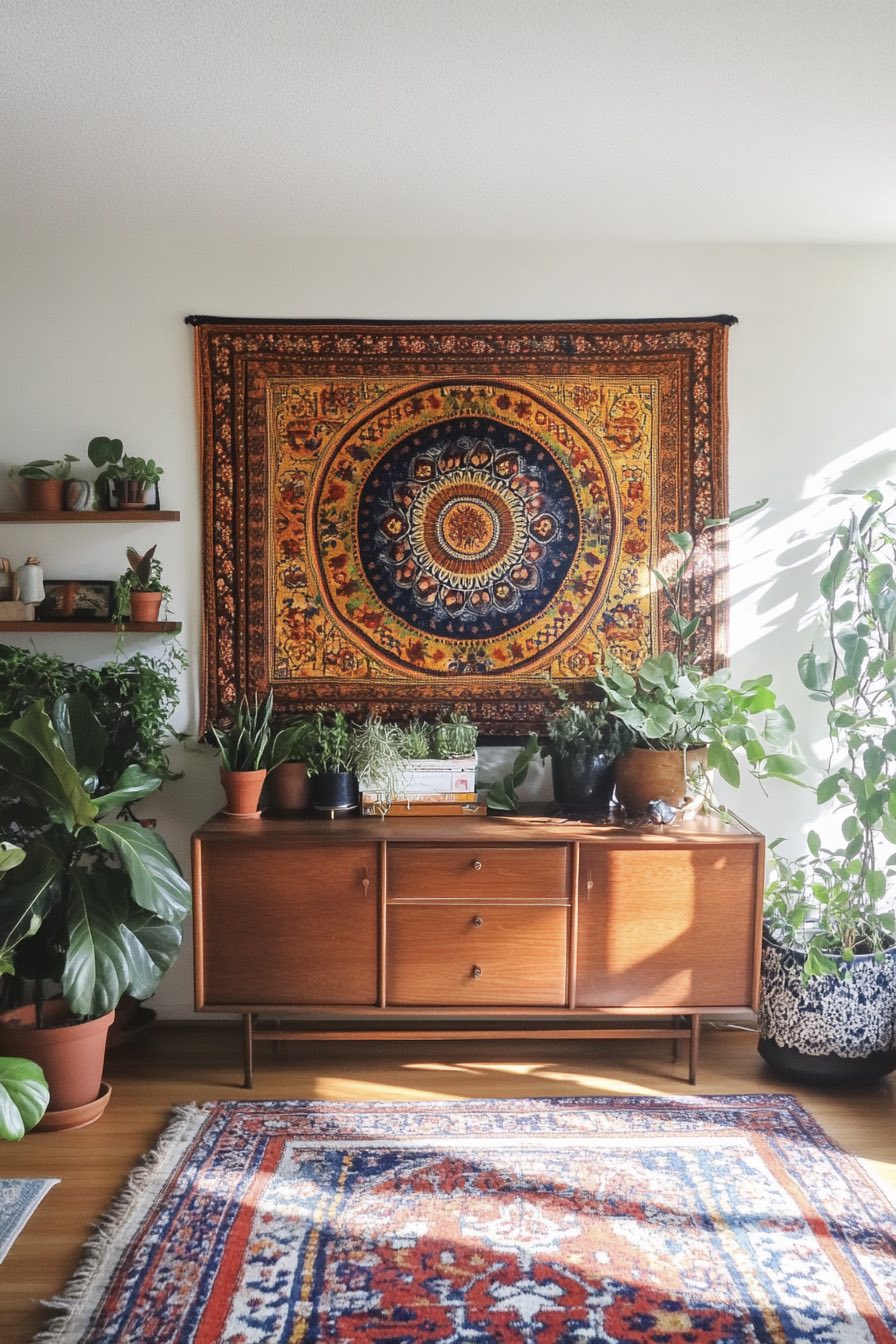 Tapestry feature wall and mid-century credenza