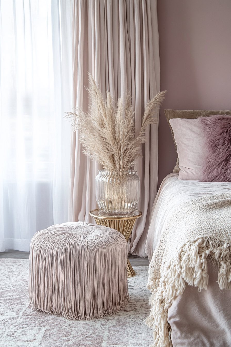 Fluted Glass Decor and Fringe Curtains