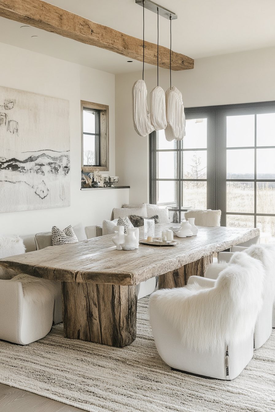 Sculptural Lighting and Rustic Woods
