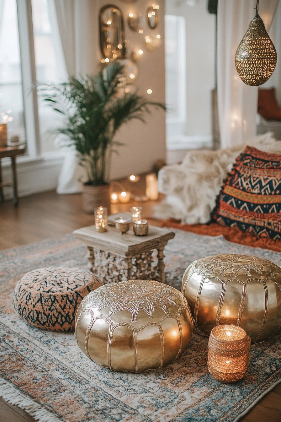 Metallic Poufs and Tribal-Inspired Pillows