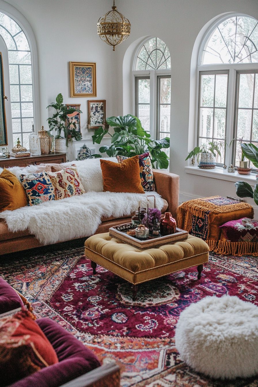 Jewel-Tone Rug and Layered Textiles