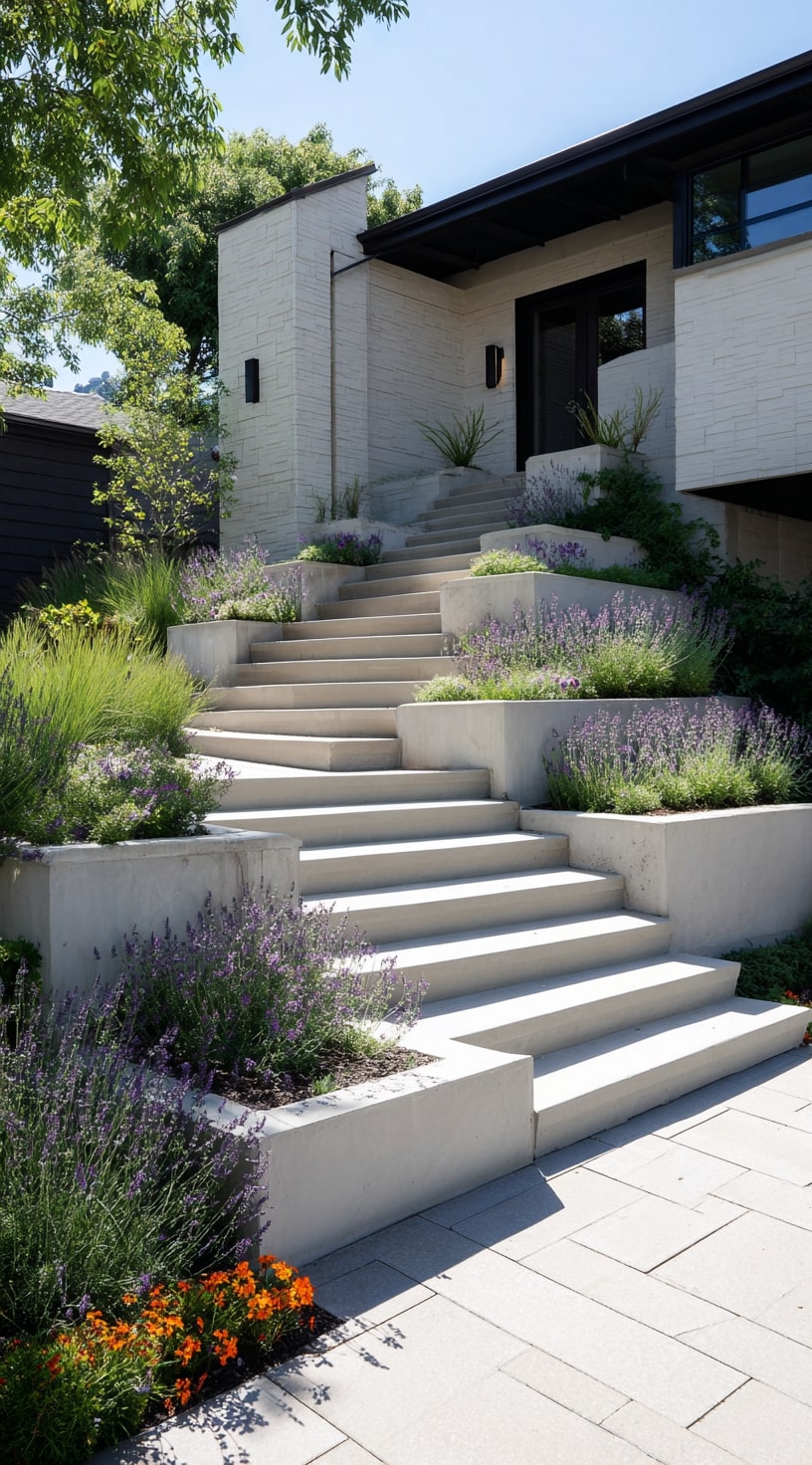 3. Wide Stairs with Built-In Planters